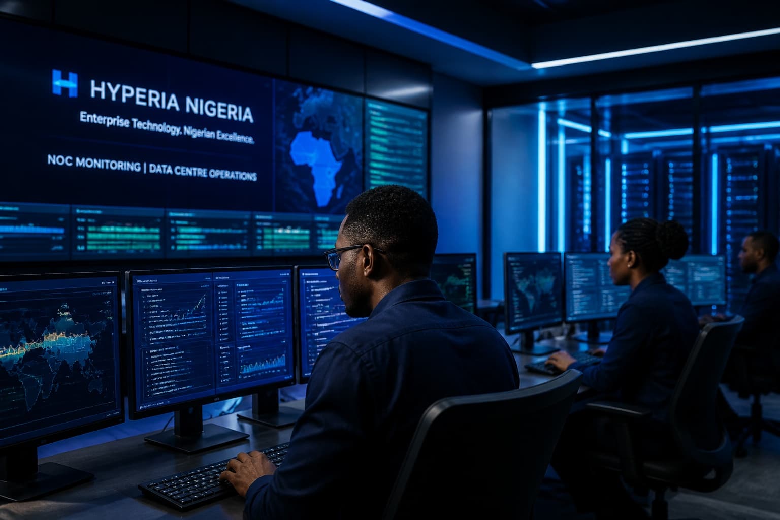 Hyperia technology specialists in a network operations centre